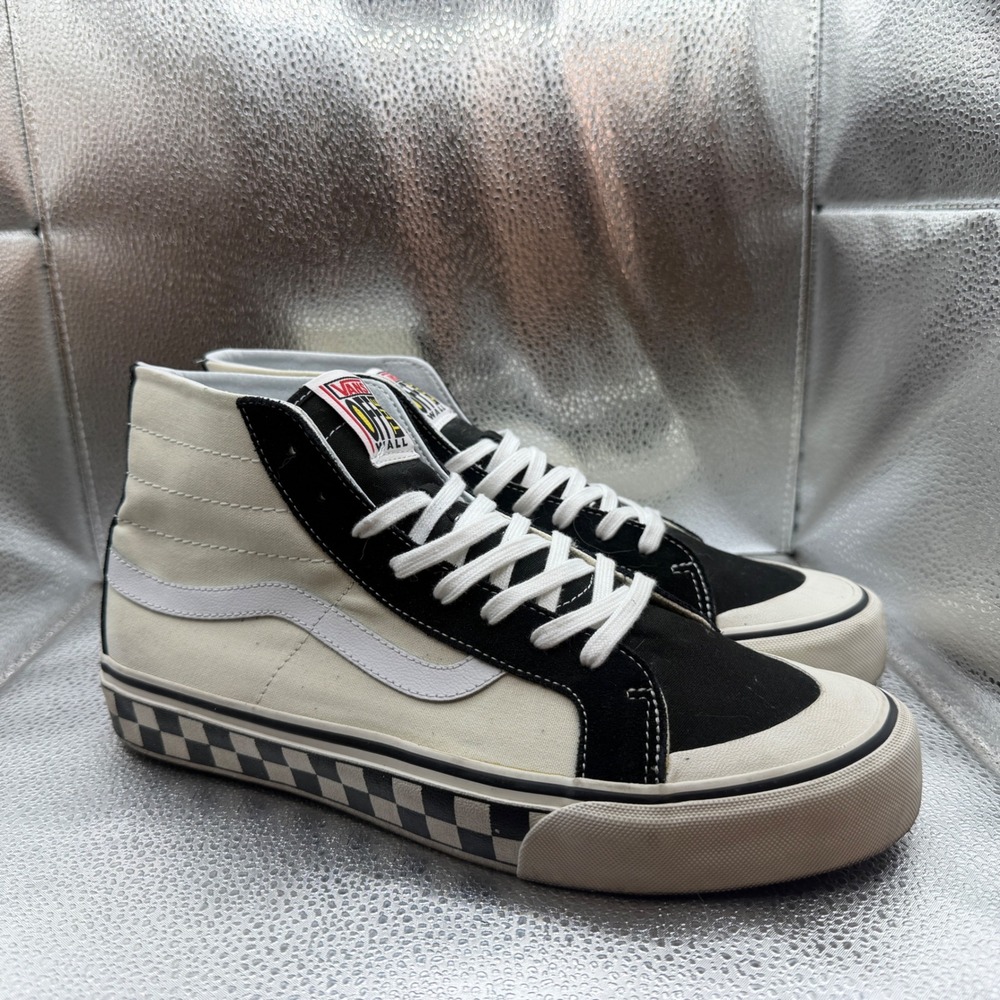 Size 10 Vans Sk8-Hi Sneakers Mens Black Marshmallow Excellent Checkerboard Mid